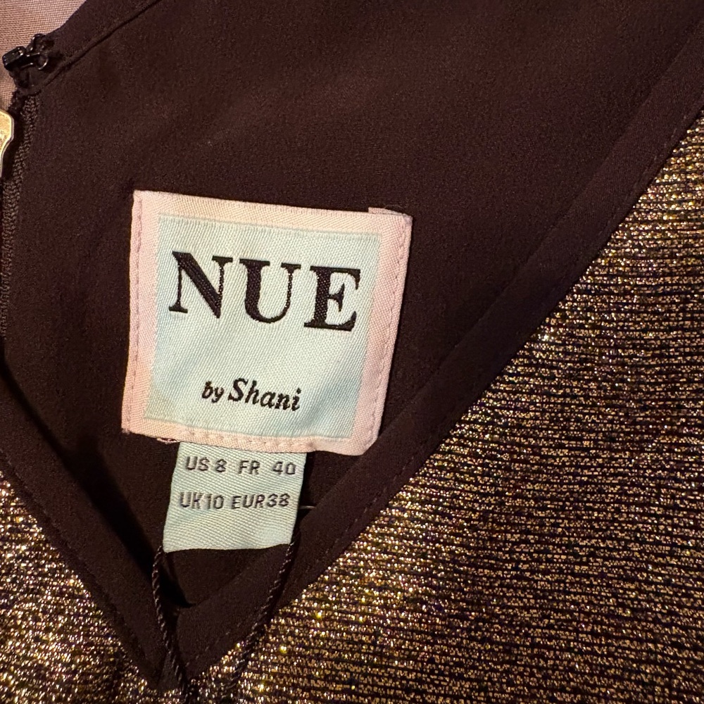 NUE by Shani Gold Shimmer Fit & Flare Black Trim Dress w/Pockets Size 8 NWT - Picture 6 of 17
